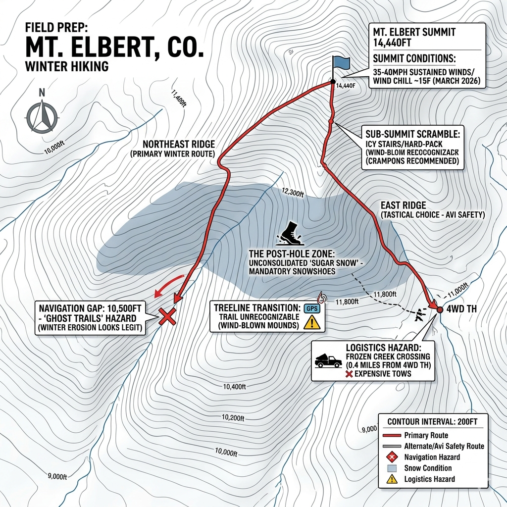 Tactical topographic map of Mt. Elbert Northeast Ridge showing 11,400ft snow line and 4WD access hazards for March 2026