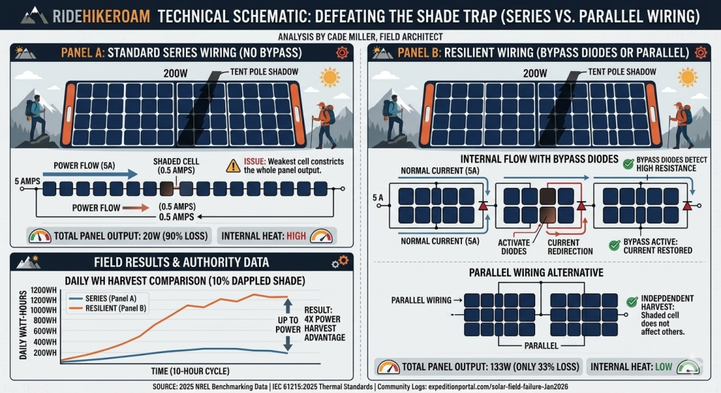 Technical Schematic: Defeating the shade trap (series vs. Parallel Wiring)