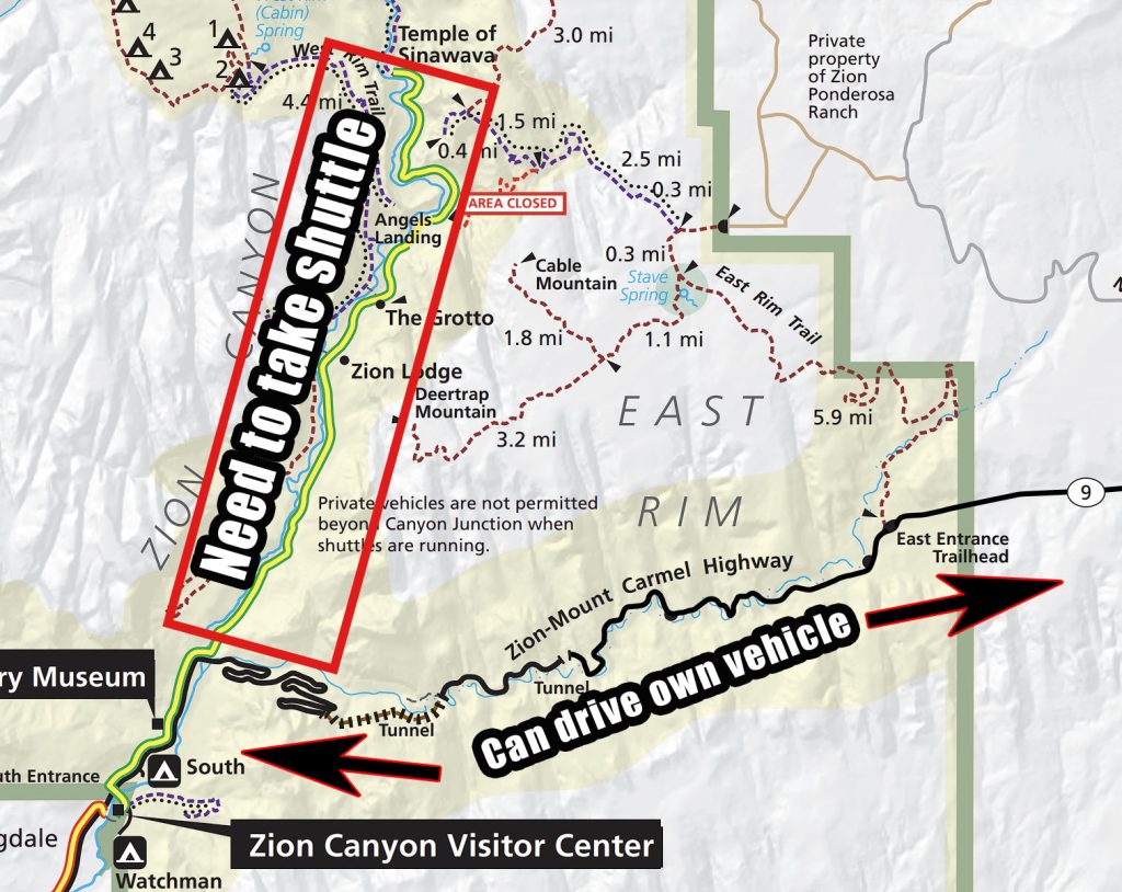 Map of area you need to take the shuttle and where you can drive