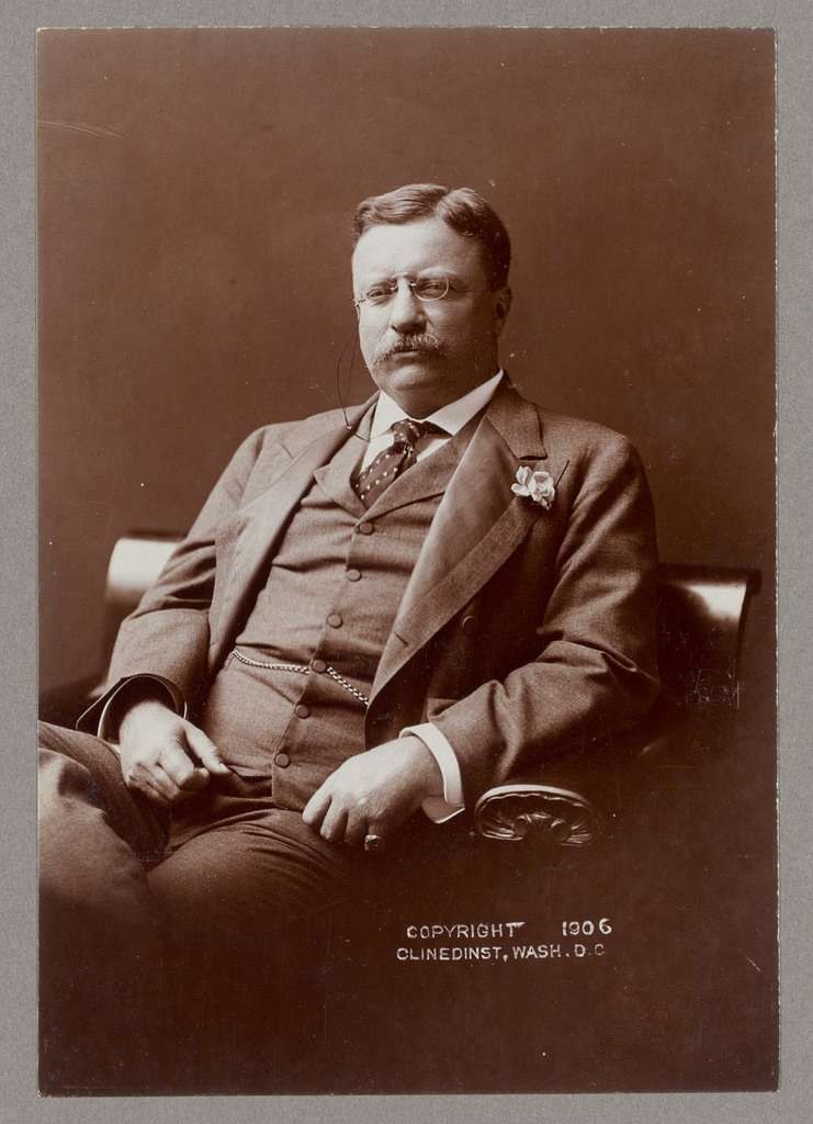 Portrait of Theodore Roosevelt. He is sitting in a suit and a black and white photograph, sitting in a chair in a 3 piece suit.