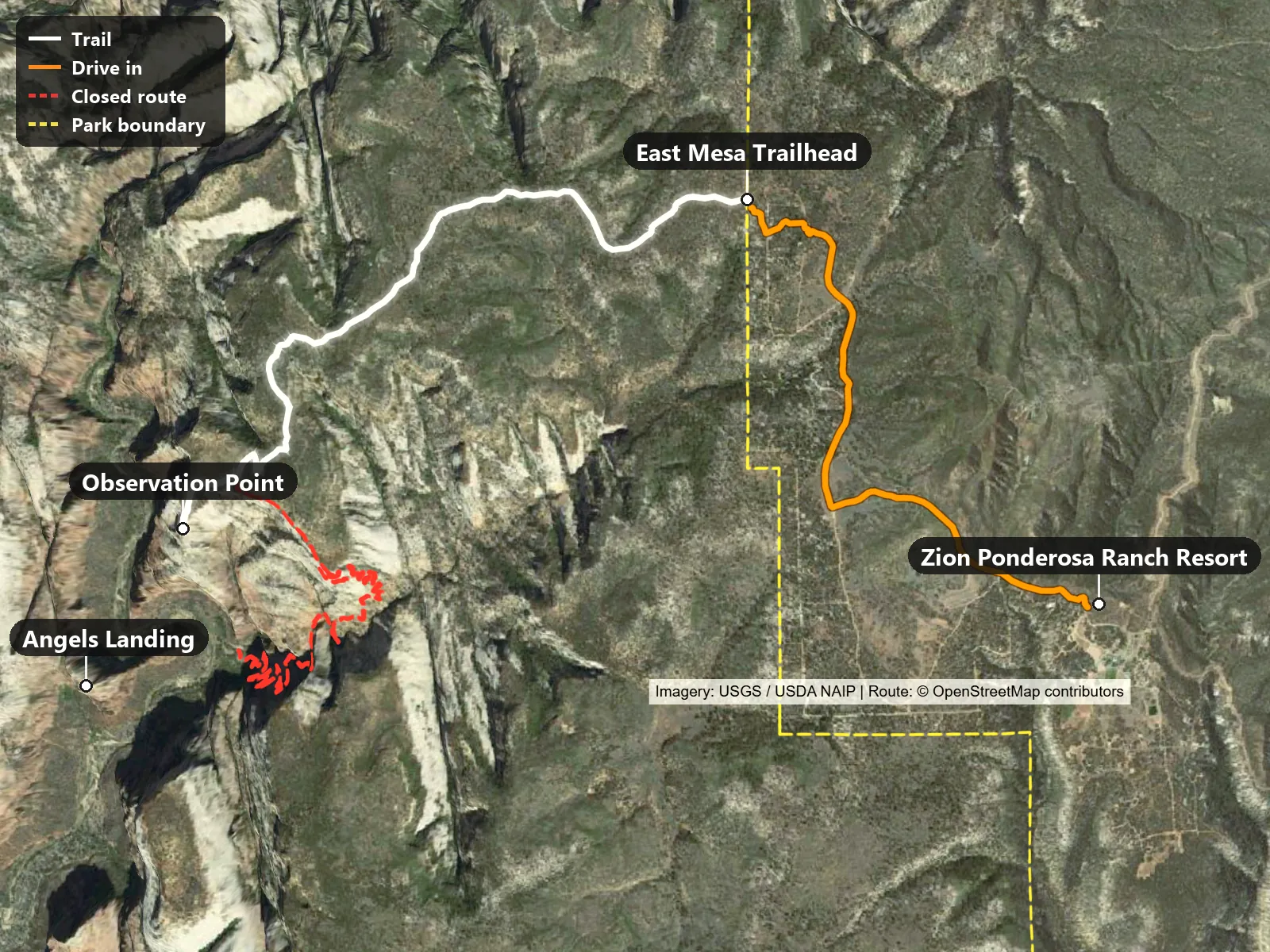Route map of Observation Point via East Mesa: trail (white), drive in (orange), closed route (red dashed) and the Zion National Park boundary (yellow dashed), on USGS NAIP imagery