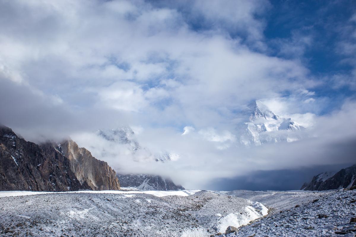 K2 emerging through clouds above the Karakoram